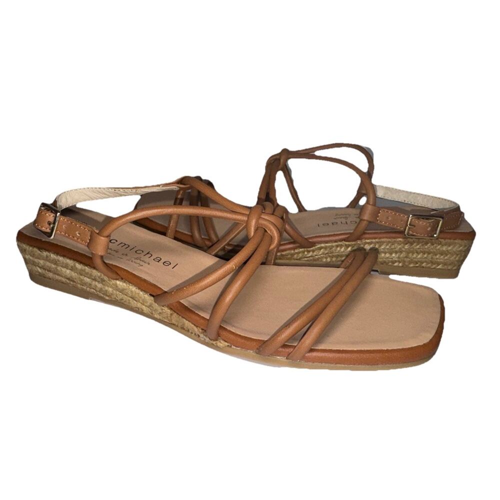 Tan Strappy Leather Sandals 7-7.5 EU 37 Natural Low Wedge Jute Espadrilles Boho
